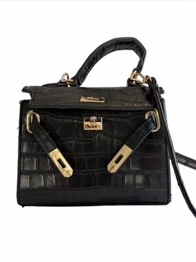 Black Croc-Embossed Top Handle Bag with Gold Hardware